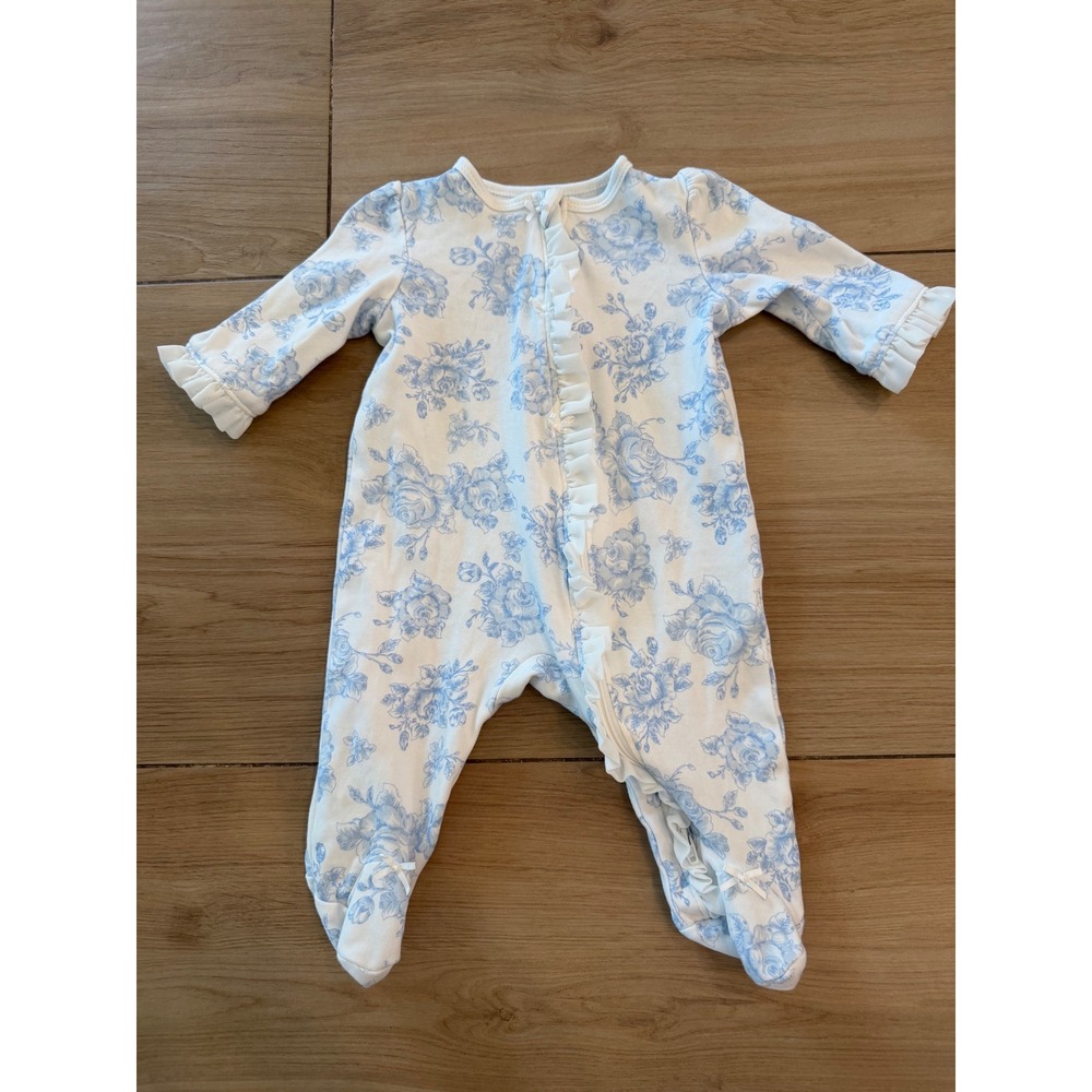 Little Me Baby Girls Blue Floral Toile Ruffle Footed Sleeper Pajamas 3 Months